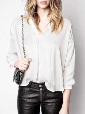 NWT $378 Zadig & Voltaire TAMY Ivory Collar V-Neck Loose Fit Satin Tunic Blouse